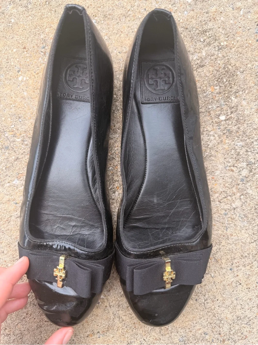 Tory Burch Black Patent Leather Bow Flats with Gold Logo